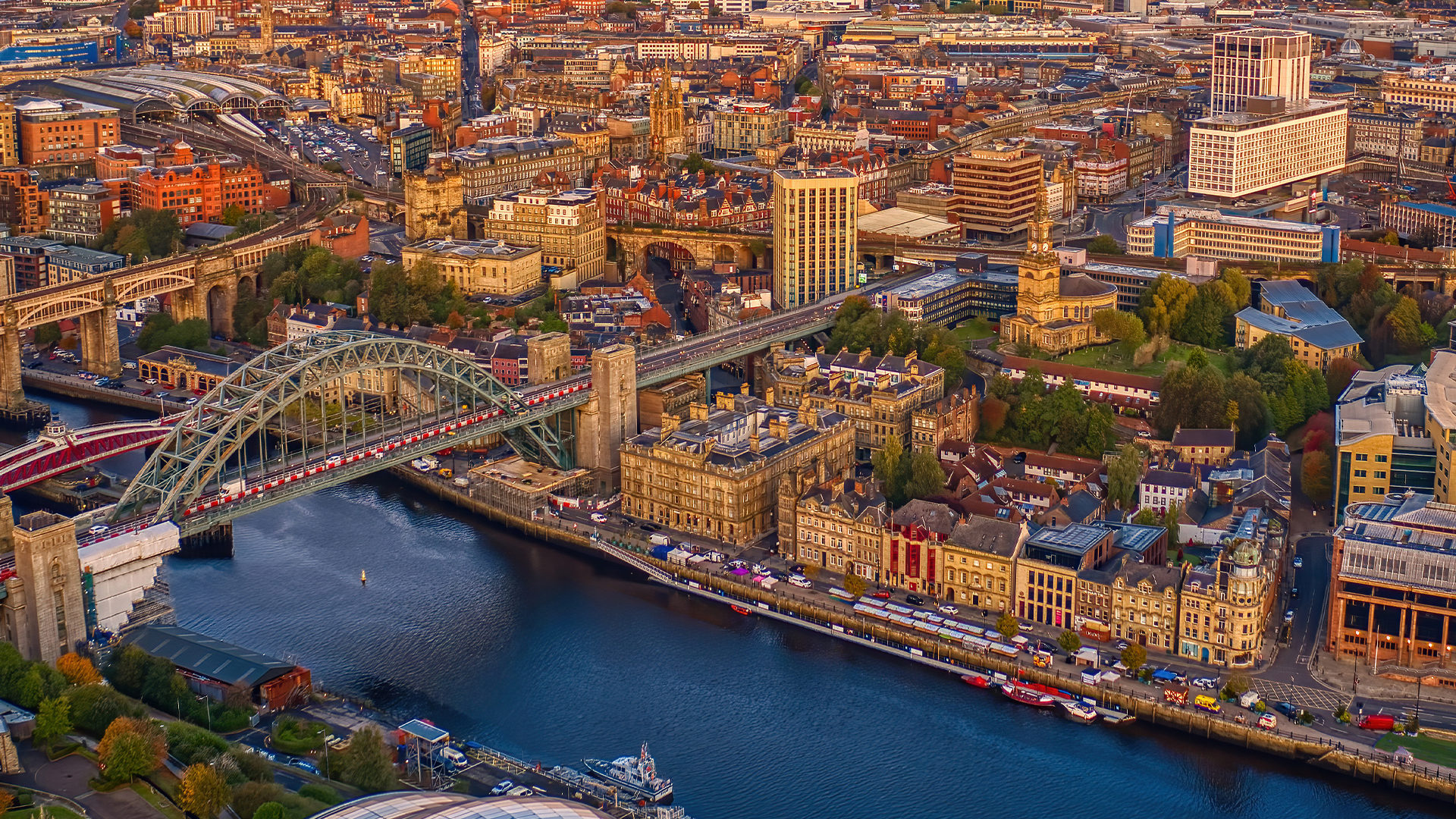 Aerial photo of the Quayside in Newcastle Upon Tyne, UK.