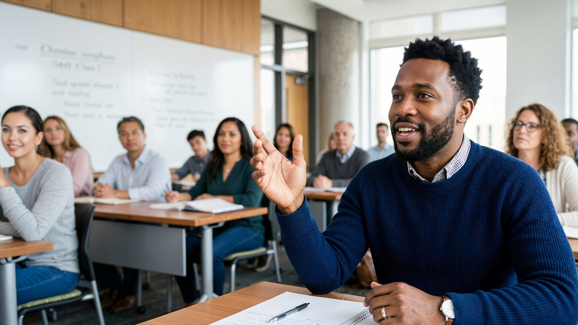 A classroom environment where students are raising their hands to ask a question.